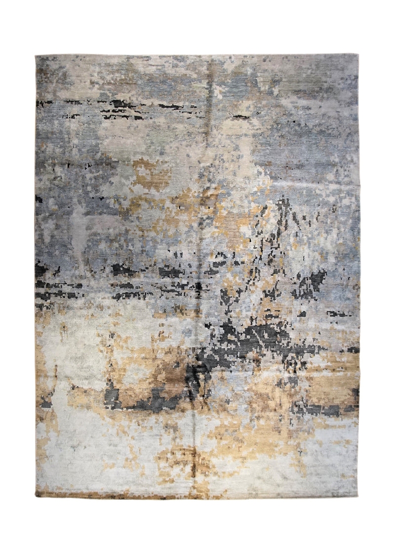 Oriental Rug Indian Handmade Area Modern 10'0"x14'0" (10x14) Whites/Beige Gray Abstract Splatter Design #A34086