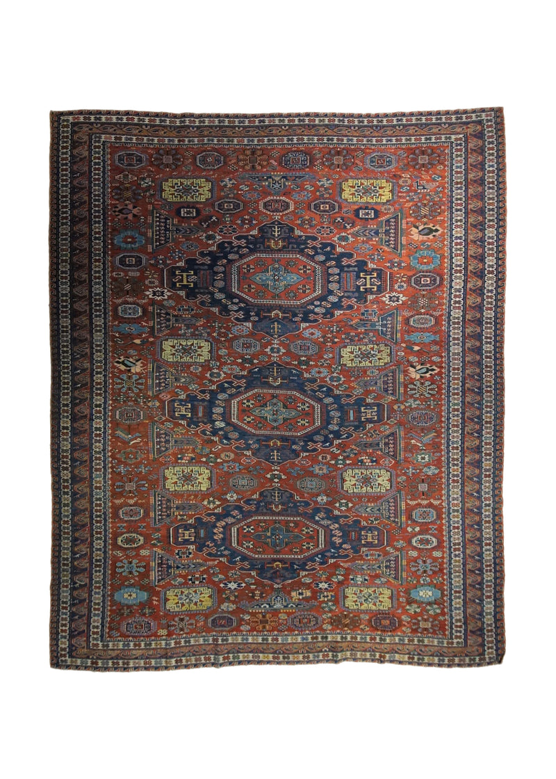 A34099 Caucasian Rug Shirvan Handmade Area Tribal Antique 8'3'' x 10'1'' -8x10- Red Blue Kilim Geometric Design
