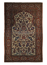 Persian Rug Isfahan Handmade Area Antique Traditional 4'6"x7'2" (5x7) Red Whites/Beige Prayer Rug Floral Design #A34148