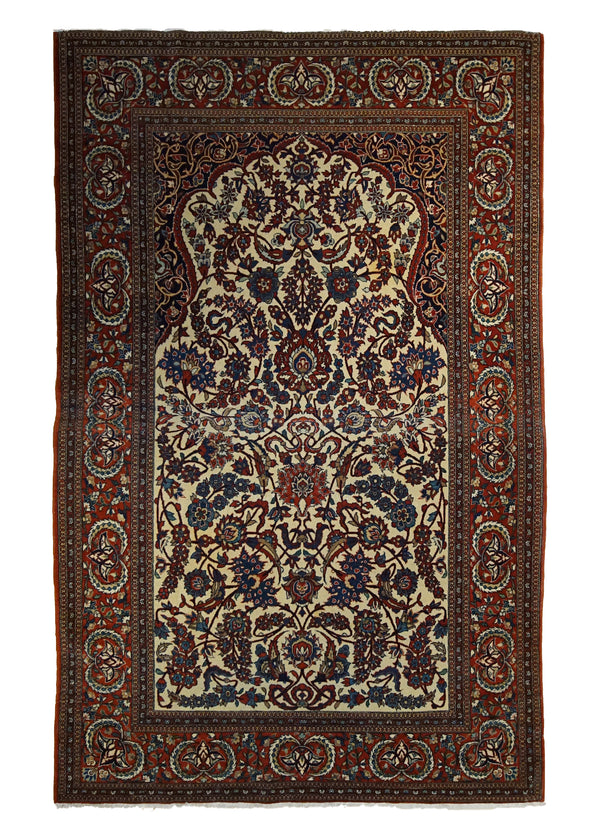 Persian Rug Isfahan Handmade Area Antique Traditional 4'6"x7'2" (5x7) Red Whites/Beige Prayer Rug Floral Design #A34148