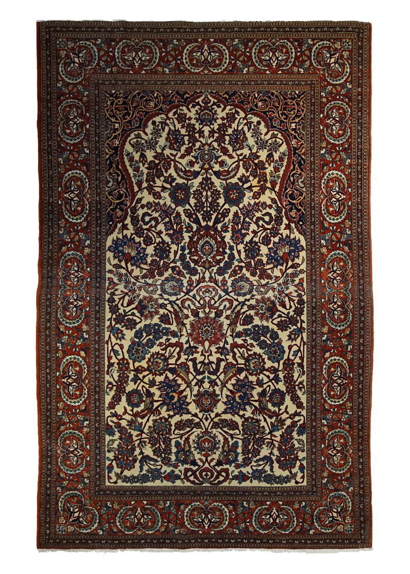 Persian Rug Isfahan Handmade Area Antique Traditional 4'6"x7'2" (5x7) Red Whites/Beige Prayer Rug Floral Design #A34148