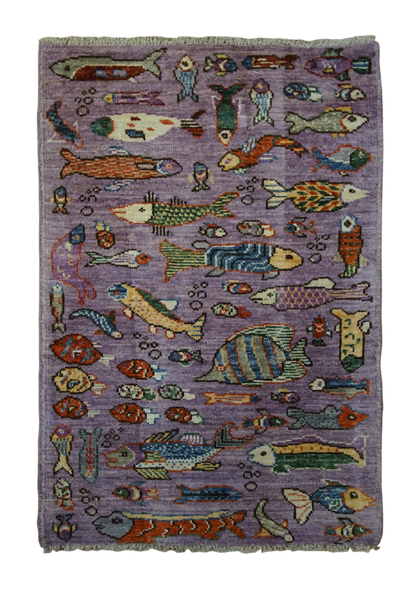 Oriental Rug Pakistani Handmade Area Transitional 2'0"x3'7" (2x4) Purple Multi-color Animals Pictorial Gabbeh Design #A34172