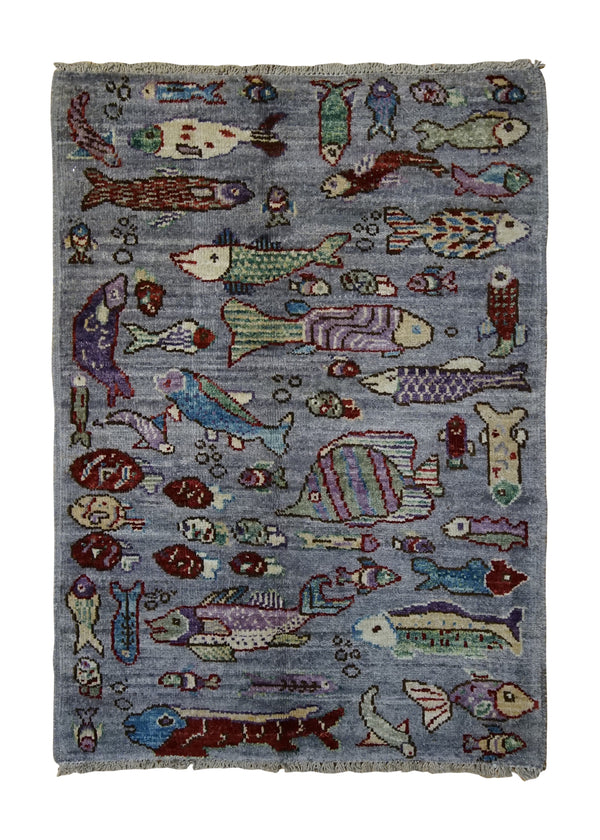 Oriental Rug Pakistani Handmade Area Transitional 2'2"x3'0" (2x3) Gray Multi-color Animals Pictorial Gabbeh Design #A34178