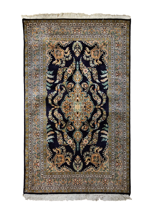 Oriental Rug Kashmiri Handmade Area Traditional 2'7"x4'3" (3x4) Green Black Floral Design #A34210