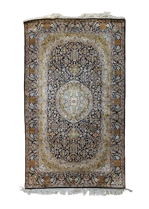 Oriental Rug Indian Handmade Area Traditional 2'7"x4'0" (3x4) Green Black Floral Design #A34213