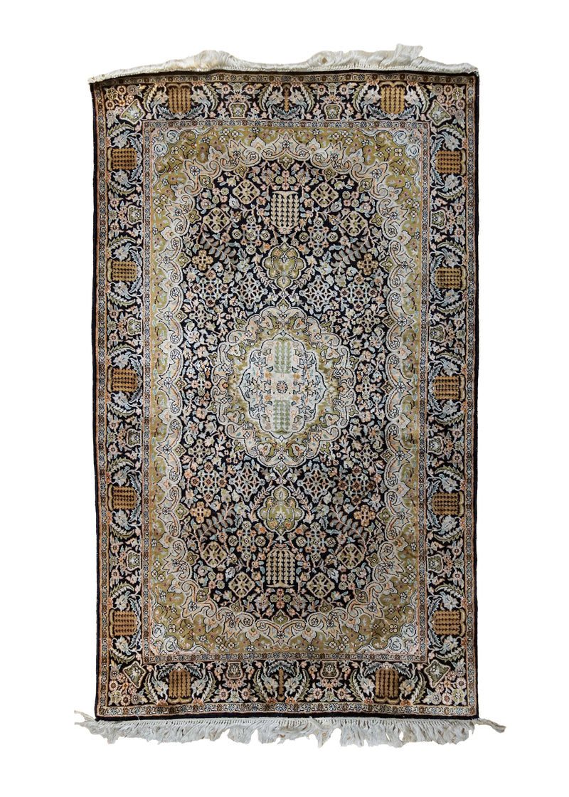 Oriental Rug Indian Handmade Area Traditional 2'7"x4'0" (3x4) Green Black Floral Design #A34213