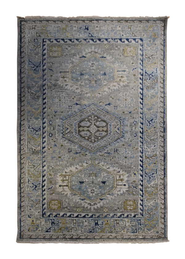 Oriental Rug Indian Handmade Area Transitional 6'2"x9'2" (6x9) Whites/Beige Blue Khotan Design #A34264