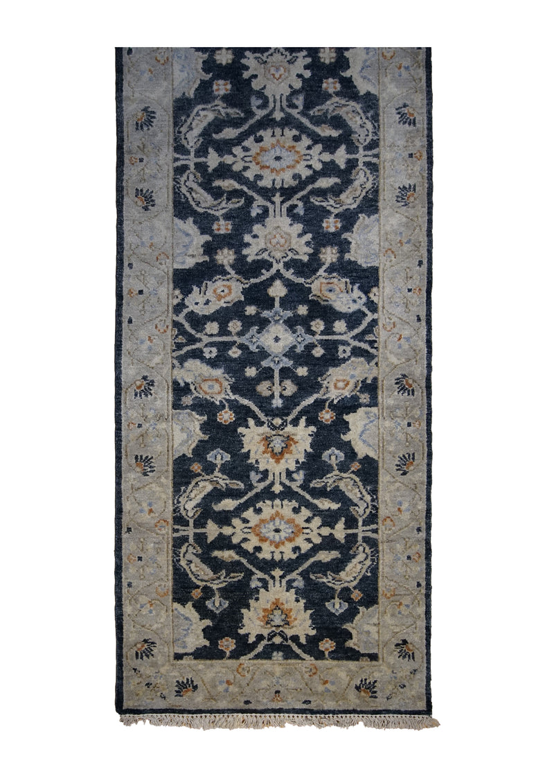 Oriental Rug Indian Handmade Area Traditional 2'8"x9'7" (3x10) Whites/Beige Black Geometric Design #A34289