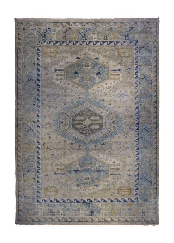 Oriental Rug Indian Handmade Area Transitional 10'0"x14'0" (10x14) Whites/Beige Blue Geometric Khotan Design #A34333