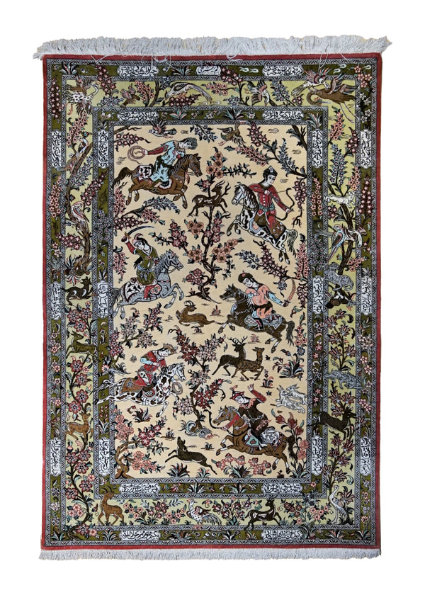 Persian Rug Qum Handmade Area Traditional 3'4"x4'10" (3x5) Whites/Beige Green Pictorial Hunting Scene Design #A34365