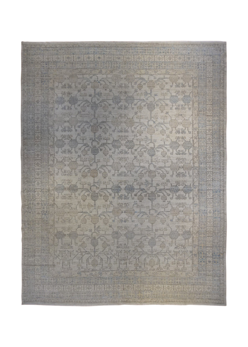 Oriental Rug Pakistani Handmade Area Transitional Neutral 9'3"x11'3" (9x11) Whites/Beige Blue Geometric Pomegranate Distressed Khotan Design #A34382