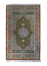 Persian Rug Qum Handmade Area Traditional 4'1"x6'7" (4x7) Red Green Floral Design #A34393