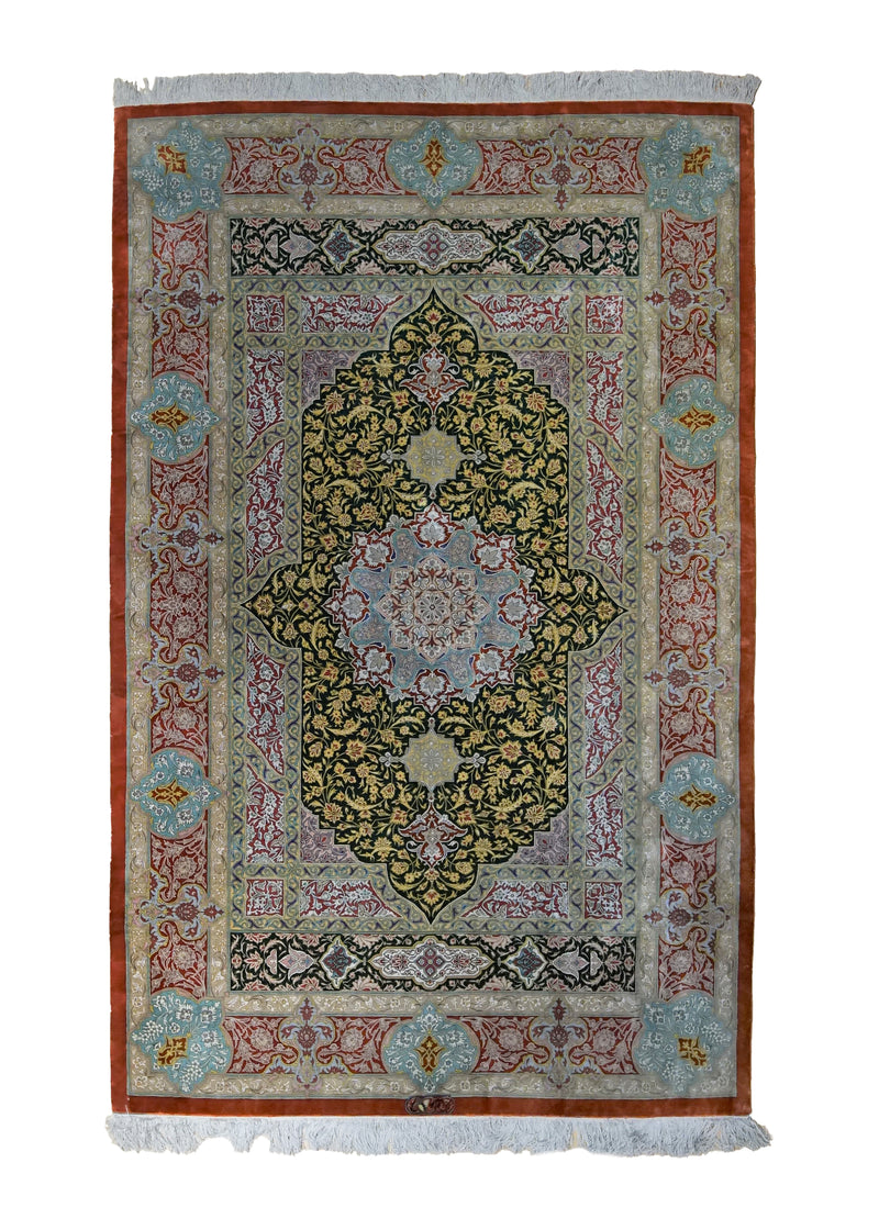 Persian Rug Qum Handmade Area Traditional 4'1"x6'7" (4x7) Red Green Floral Design #A34393