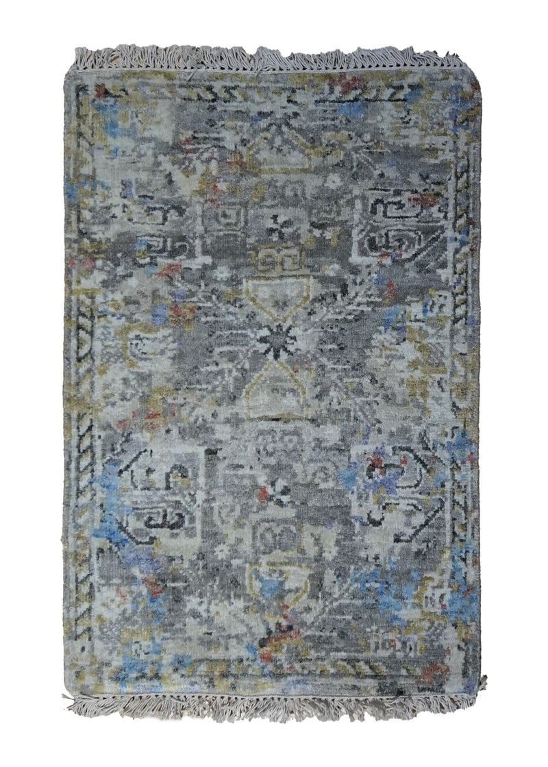 Oriental Rug Indian Handmade Area Transitional 2'0"x3'0" (2x3) Gray Geometric Design #A34486