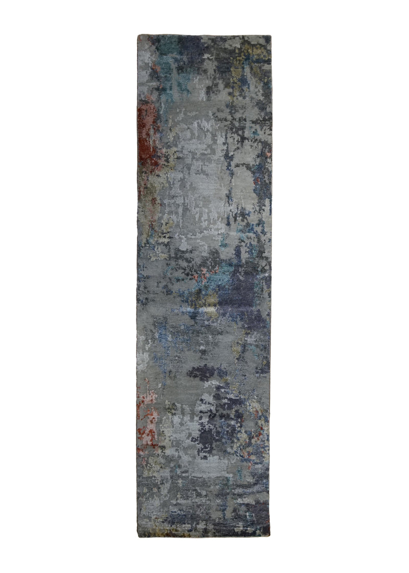 A34672 Oriental Rug Indian Handmade Runner Modern 2_7_ x 10_2_ -3x10- Gray Abstract Splatter Design