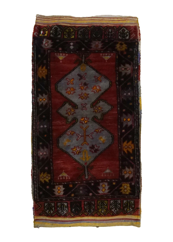Oriental Rug Turkish Handmade Saddle Tribal 1'4"x3'3" (1x3) Red Saddle Bag Geometric Design #A34719