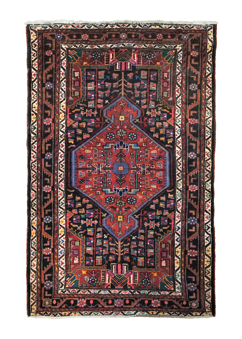 Persian Rug Nahavand Handmade Area Tribal 4'3"x6'8" (4x7) Red Blue Geometric Design #A34788