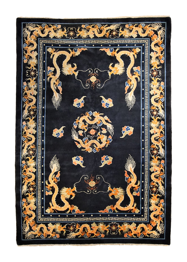 Oriental Rug Tibetan Handmade Area Traditional 6'0"x8'10" (6x9) Black Yellow/Gold Pictorial Design #A34813