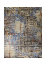 A34841 Oriental Rug Indian Handmade Area Modern 8_10_ x 11_10_ -9x12- Blue Whites Beige Brown Abstract Erased Stripes Design