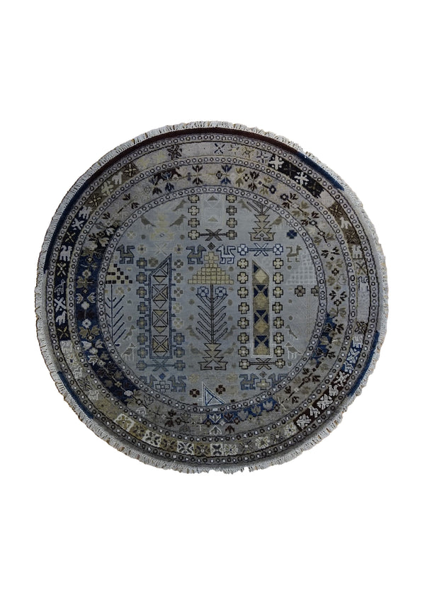 Oriental Rug Indian Handmade Round Transitional Neutral 4'2"x4'2" (4x4) Whites/Beige Blue Geometric Animals Design #A34855