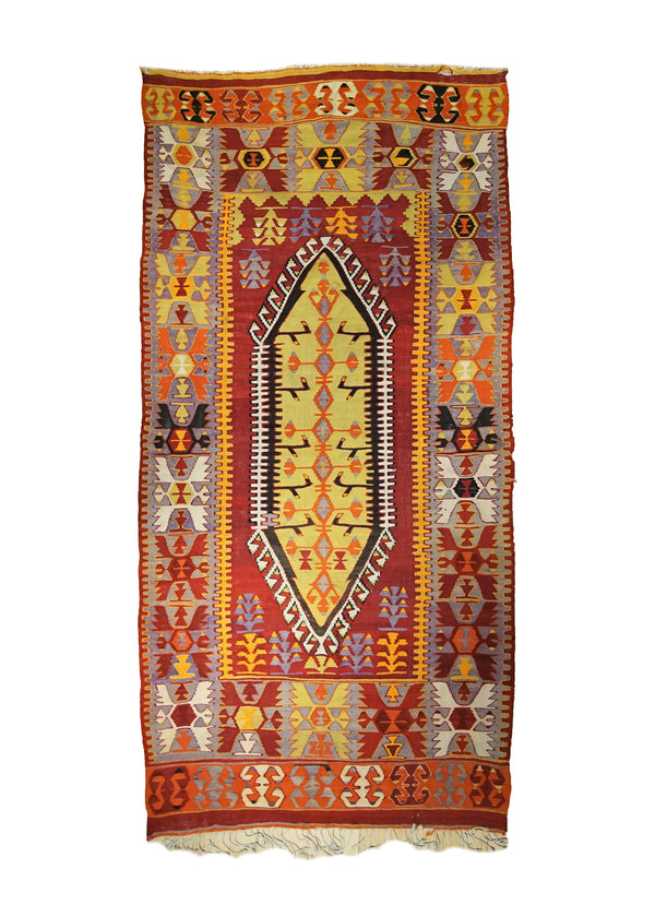 Oriental Rug Turkish Handmade Runner Tribal Vintage 4'10"x9'9" (5x10) Red Yellow/Gold Kilim Geometric Design #A34922