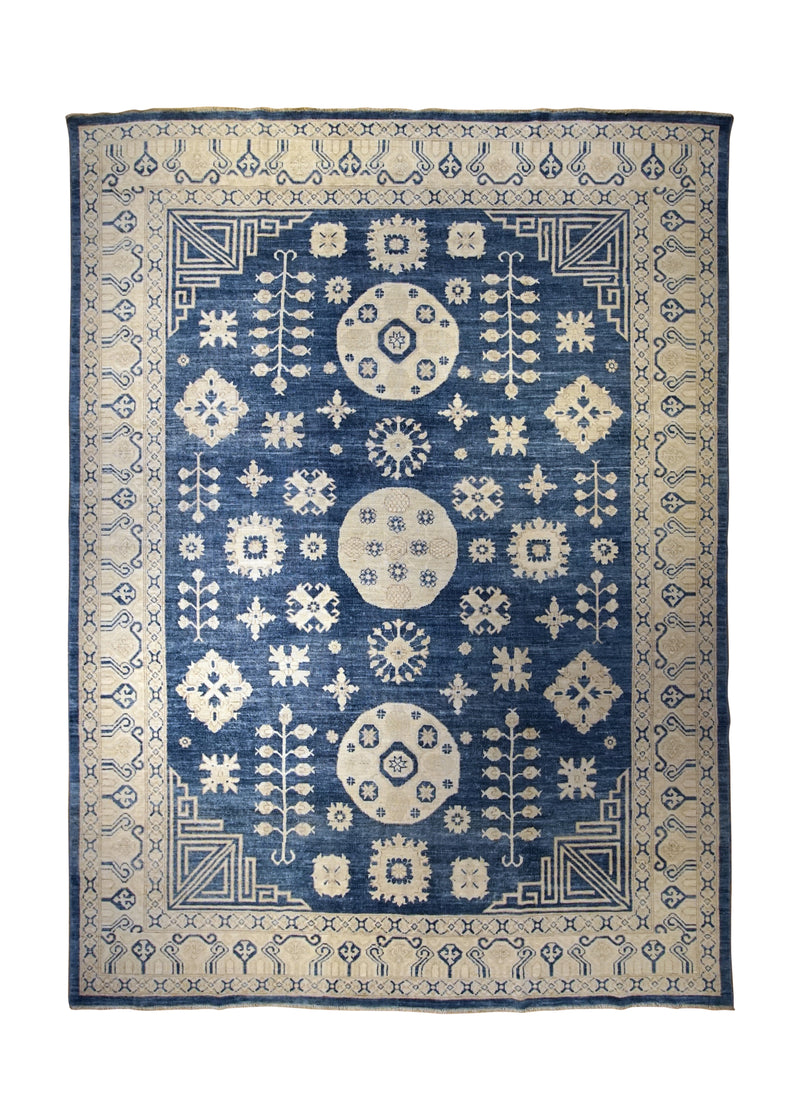 Oriental Rug Pakistani Handmade Area Transitional Neutral 8'9"x12'0" (9x12) Whites/Beige Blue Geometric Khotan Design #A34968