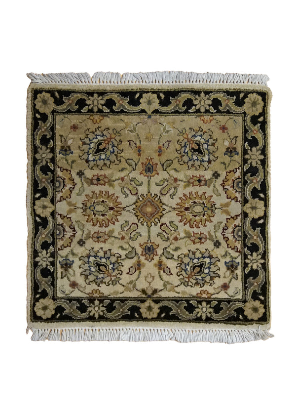 Oriental Rug Indian Handmade Square Traditional 2'1"x2'1" (2x2) Whites/Beige Green Tea Washed Floral Jaipur Design #A34985