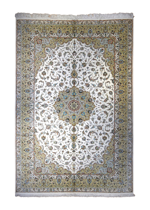Persian Rug Kashan Handmade Area Traditional 6'6"x9'10" (7x10) Whites/Beige Yellow/Gold Green Floral Toranj Mehrab Design #A35001