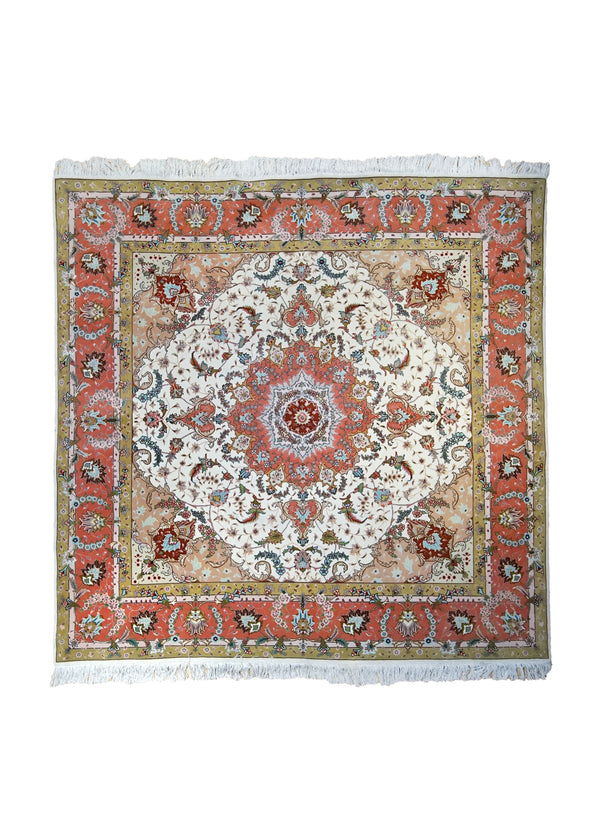 Persian Rug Tabriz Handmade Square Traditional 6'8"x6'8" (7x7) Pink Floral Naghsh Design #A35018