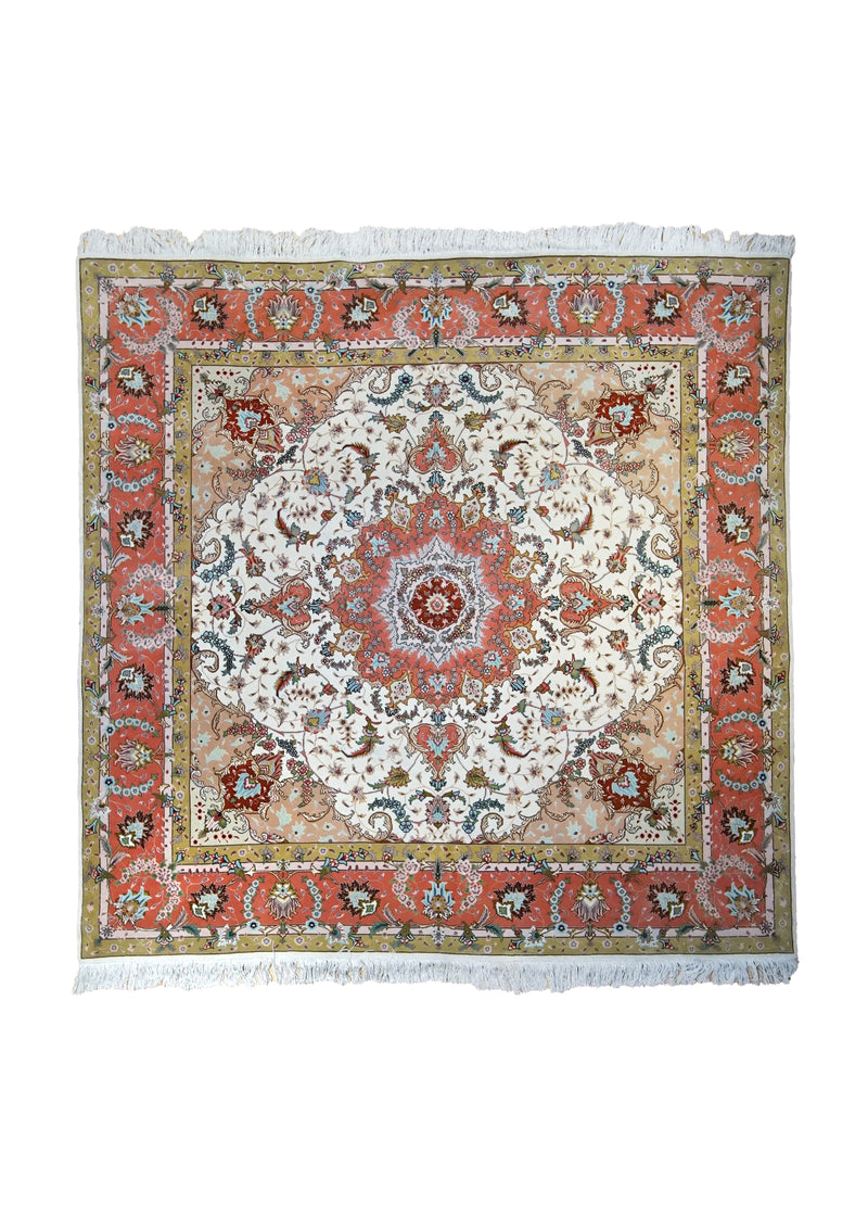 Persian Rug Tabriz Handmade Square Traditional 6'8"x6'8" (7x7) Pink Floral Naghsh Design #A35018
