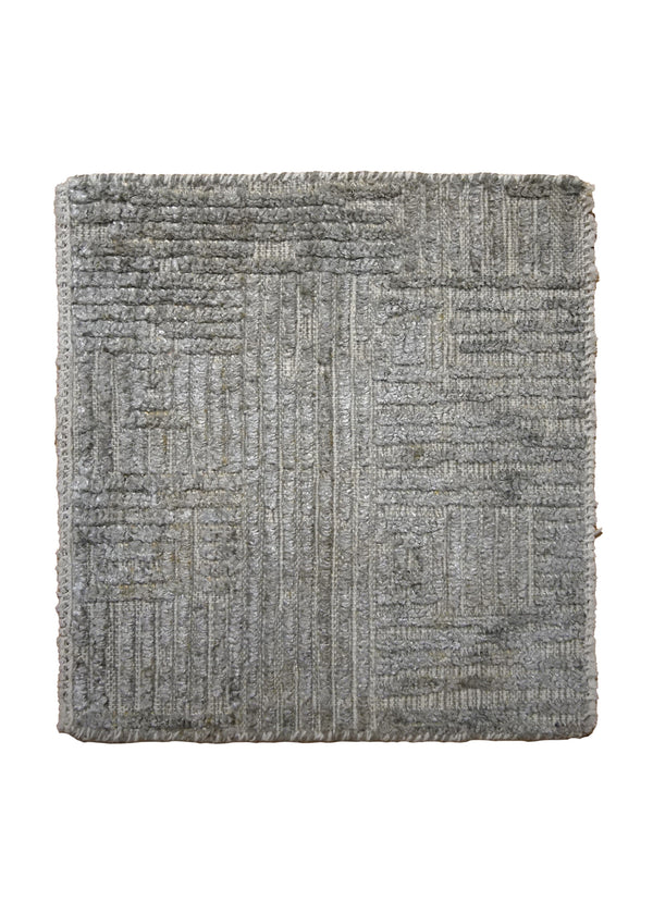 Oriental Rug Indian Handmade Area Transitional Neutral 1'6"x1'6" (2x2) Gray Geometric Stripes High Low Pile Design #A35120