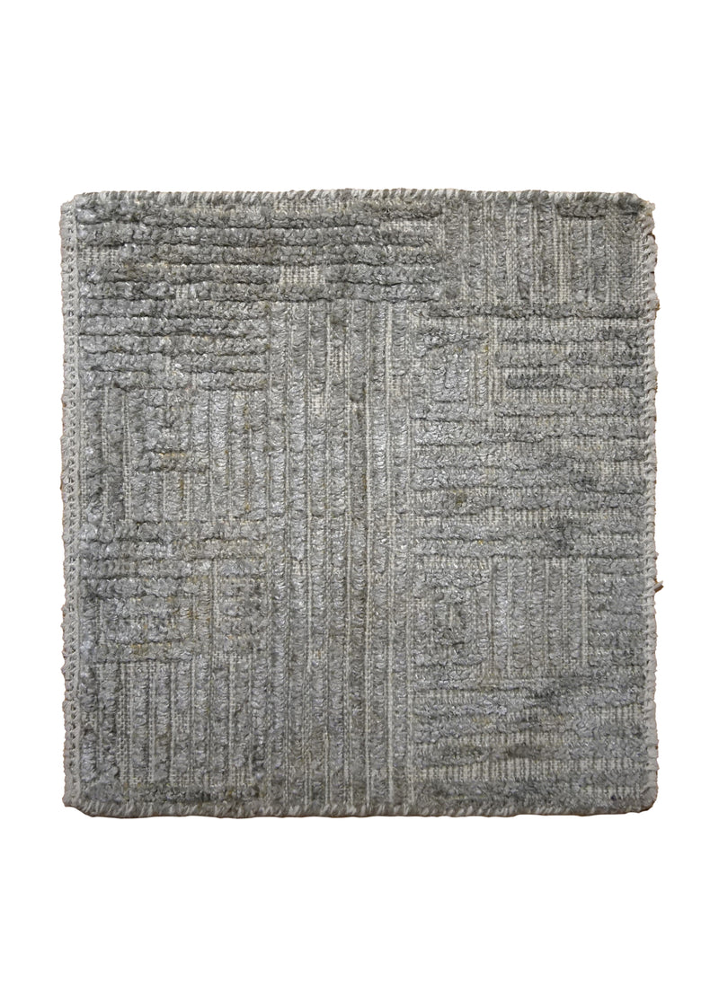 Oriental Rug Indian Handmade Area Transitional Neutral 1'6"x1'6" (2x2) Gray Geometric Stripes High Low Pile Design #A35120
