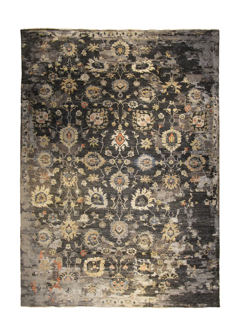 Oriental Rug Indian Handmade Area Transitional 10'2"x13'10" (10x14) Yellow/Gold Brown Floral Erased Oushak Design #A35169