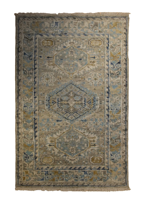 Oriental Rug Indian Handmade Area Transitional Tribal 4'0"x6'0" (4x6) Whites/Beige Blue Geometric Khotan Design #A35181
