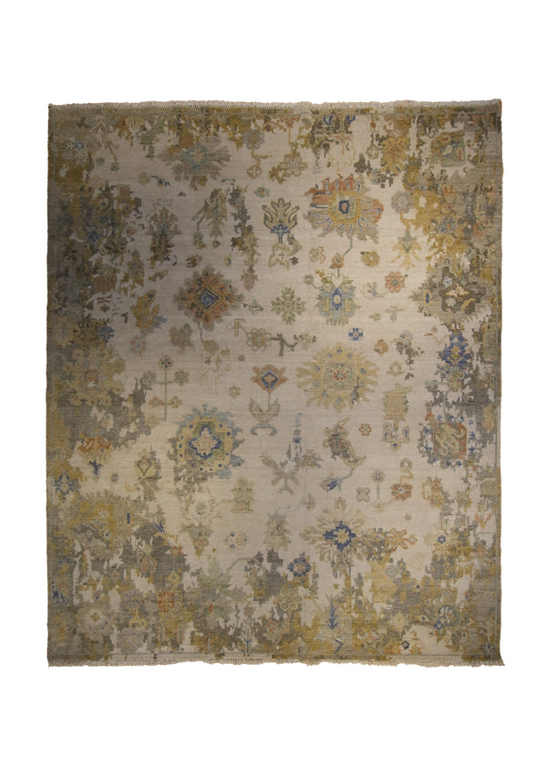 Oriental Rug Indian Handmade Area Transitional 8'1"x9'9" (8x10) Whites/Beige Yellow/Gold Floral Erased Oushak Design #A35183