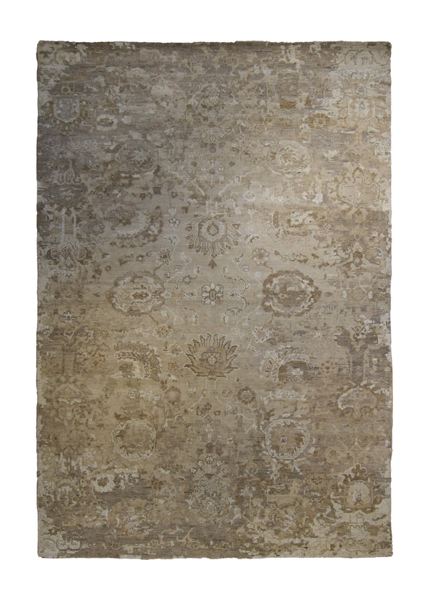 Oriental Rug Indian Handmade Area Transitional Neutral 6'1"x8'9" (6x9) Whites/Beige Brown Floral Erased Oushak Design #A35185