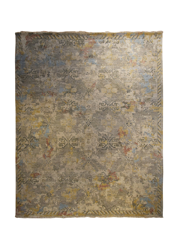 Oriental Rug Indian Handmade Area Transitional 8'2"x9'11" (8x10) Whites/Beige Yellow/Gold Blue Geometric Erased Khotan Design #A35186