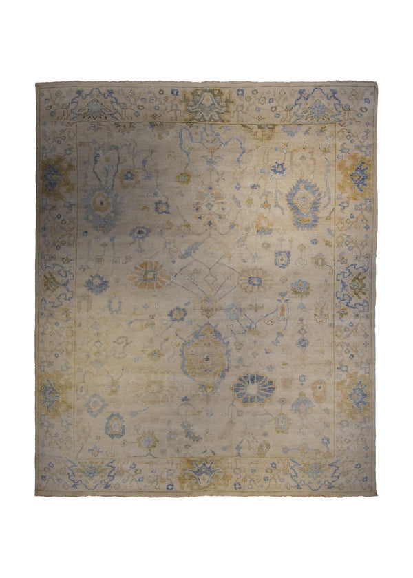 Oriental Rug Indian Handmade Area Transitional 8'0"x9'10" (8x10) Whites/Beige Blue Yellow/Gold Floral Oushak Design #A35190