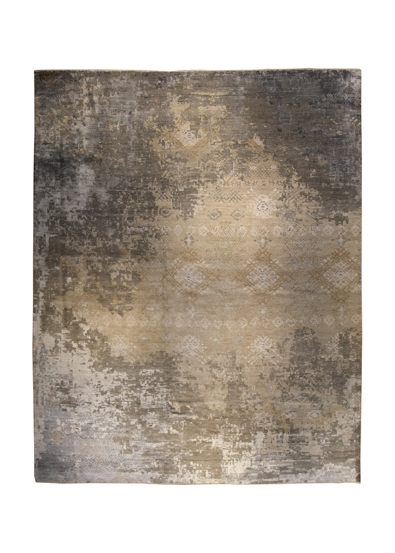 Oriental Rug Indian Handmade Area Modern 12'3"x14'11" (12x15) Whites/Beige Brown Geometric Erased Design #A35191