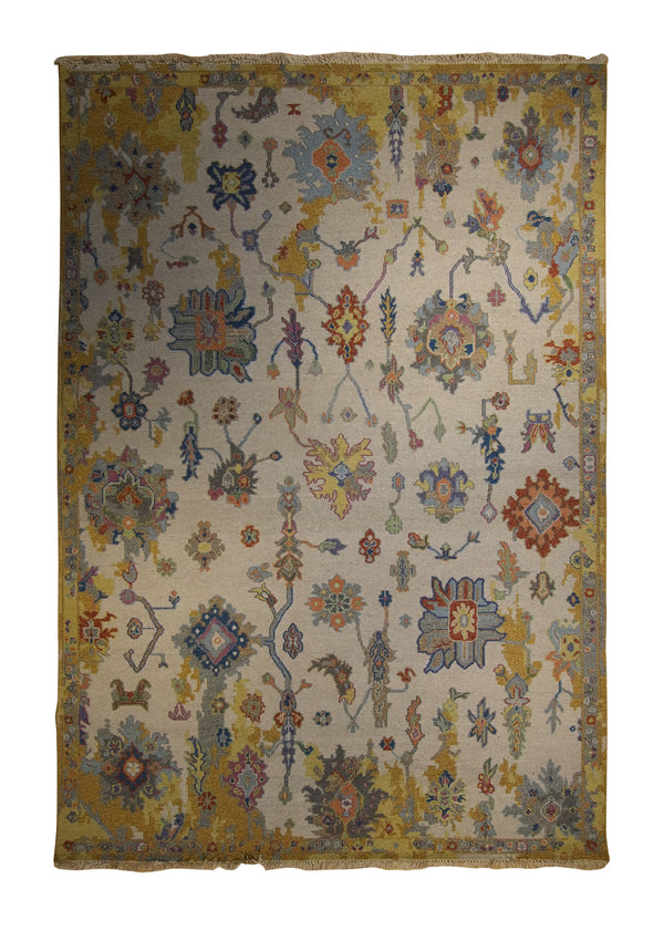 Oriental Rug Indian Handmade Area Transitional 6'0"x8'11" (6x9) Yellow/Gold Whites/Beige Blue Floral Oushak Soumak Design #A35194