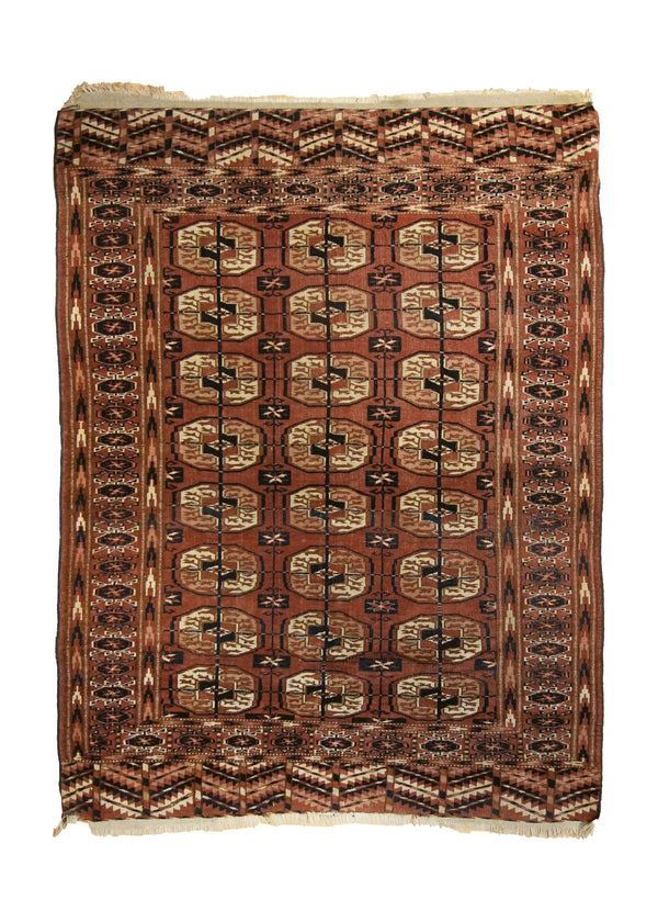 Oriental Rug Turkmen Handmade Area Antique Tribal 3'9"x4'10" (4x5) Red Geometric Bokhara Elephant Foot Design #A35214