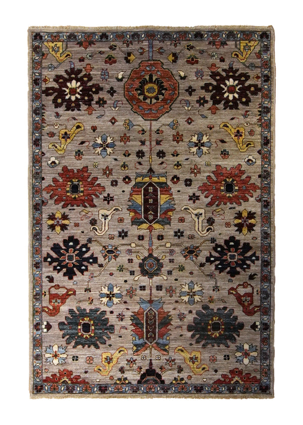 Oriental Rug Pakistani Handmade Area Transitional 4'2"x6'0" (4x6) Whites/Beige Red Yellow/Gold Geometric Oushak Design #A35272