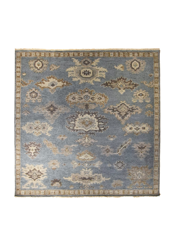 Oriental Rug Indian Handmade Square Transitional Neutral 7'11"x8'0" (8x8) Blue Brown Floral Oushak Design #A35339