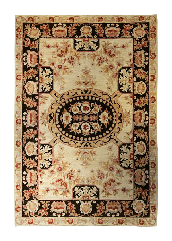 Oriental Rug Pakistani Handmade Area Transitional 6'4"x9'3" (6x9) Whites/Beige Black Antique Washed Floral Oushak Design #A35371