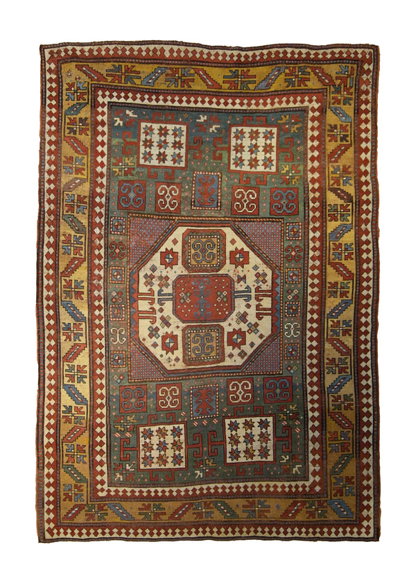 Caucasian Rug Karachopt Handmade Area Antique Tribal 5'2"x7'2" (5x7) Green Yellow/Gold Red Geometric Karachopt Design #A35394