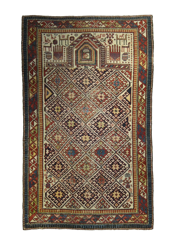 Caucasian Rug Shirvan Handmade Area Antique Tribal 3'8"x5'10" (4x6) Whites/Beige Red Blue Geometric Prayer Rug Design #A35395