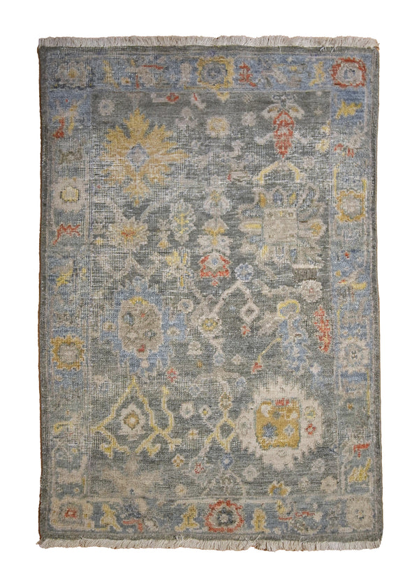 Oriental Rug Indian Handmade Area Transitional 2'0"x3'0" (2x3) Gray Yellow/Gold Blue Floral Oushak Design #A35412