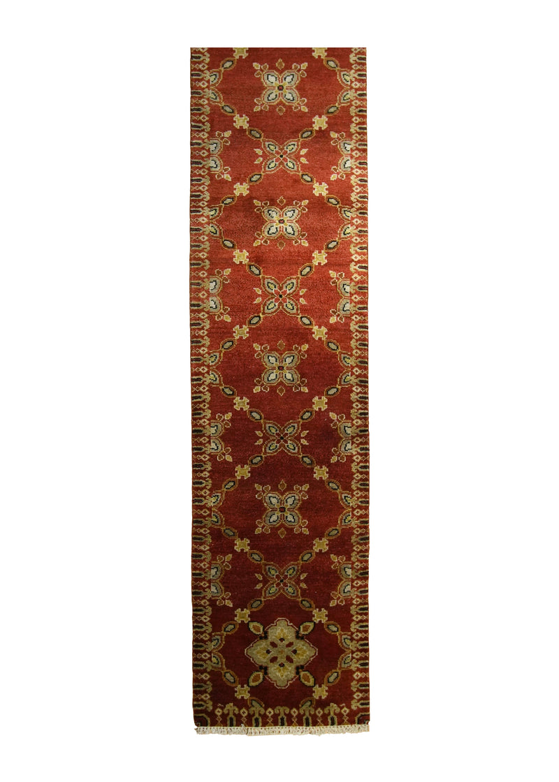 Oriental Rug Indian Handmade Runner Traditional 2'5"x11'8" (2x12) Red Yellow/Gold Geometric Design #A35415