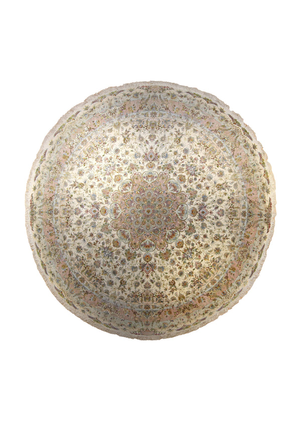Persian Rug Tabriz Handmade Round Traditional 10'0"x10'0" (10x10) Whites/Beige Pink Floral Khatibi Naghsh Design #A35418