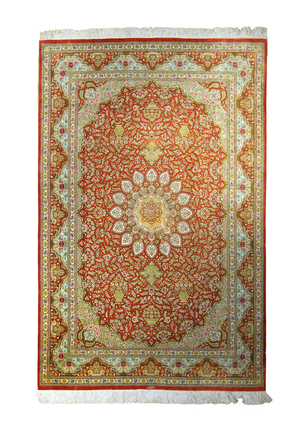 Persian Rug Qum Handmade Area Traditional 4'4"x6'6" (4x7) Red Yellow/Gold Floral Mirmehdi Design #A35420